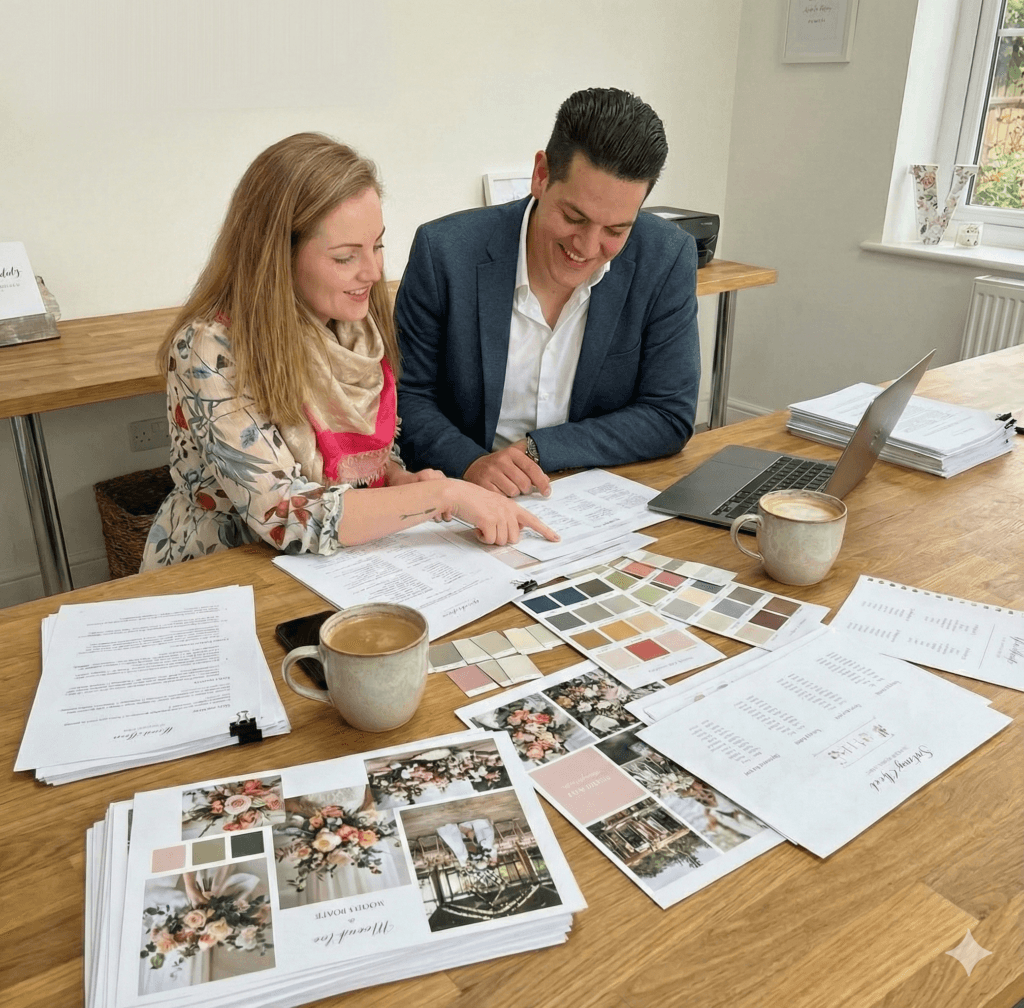 Twee professionals bespreken kleurenstalen, ontwerpen en drukwerk aan een bureau, wat het creatieve proces en persoonlijke aanpak achter branding en productontwikkeling toont.