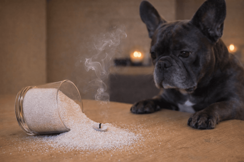 Franse bulldog kijkt naar omgevallen glazen houder met kaarsenzand en gedoofde lont, waarbij zand verspreid ligt op houten tafel en rook opstijgt in warme interieursetting
