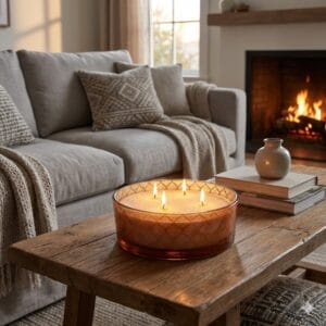 Brandende kaarsenzand in een stijlvolle glazen schaal op een houten salontafel, in een warm en gezellig interieur met haardvuur, wat de sfeervolle en veilige uitstraling van het concept benadrukt.